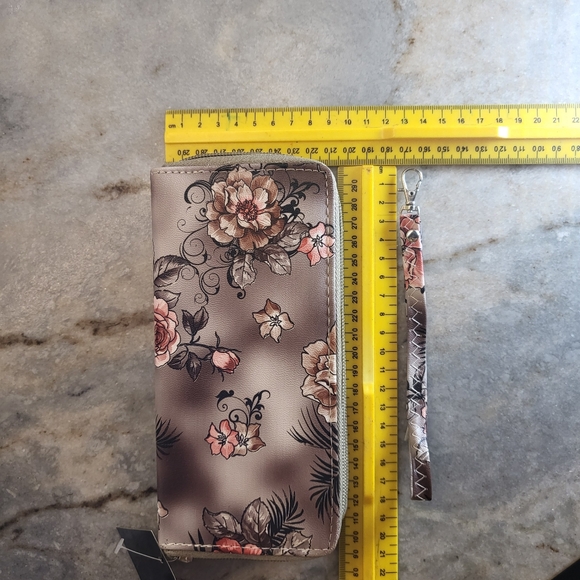 Floral Women Long Wallet Clutch Double Zip Wristlet Brown Pink Flowers - Picture 5 of 5